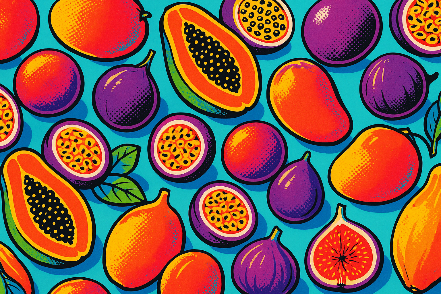 frutta tropicale che sembra una vagina o un pene , sublimnale , ripetuta , stile pop , sfondo turchese