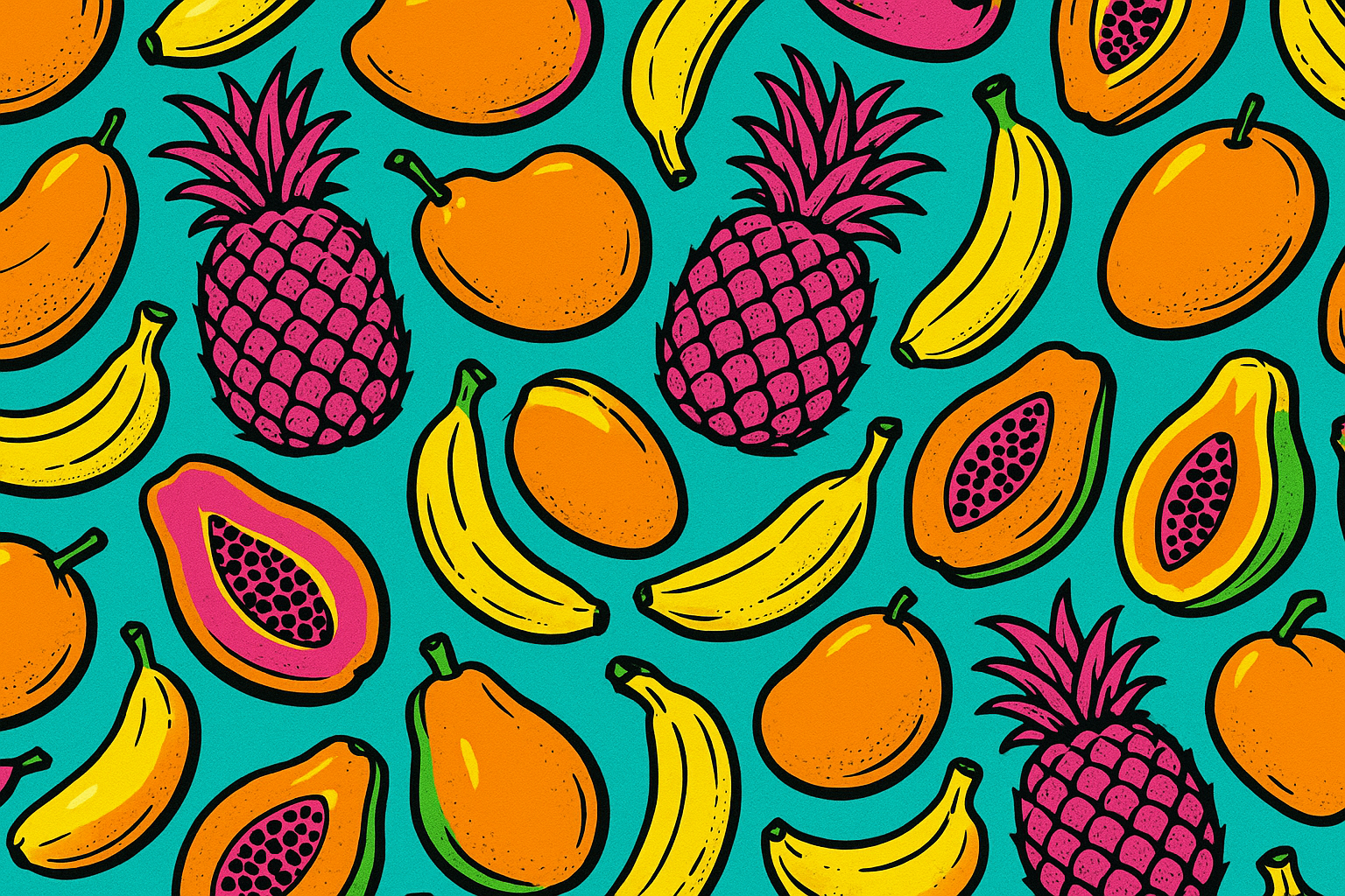 frutta tropicale disegnata pop ripetuta su sfondo turchese